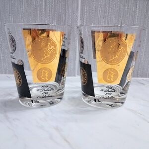 Vintage Cera US Coins Double Old Fashioned Glasses 22k Historical Barware Pair